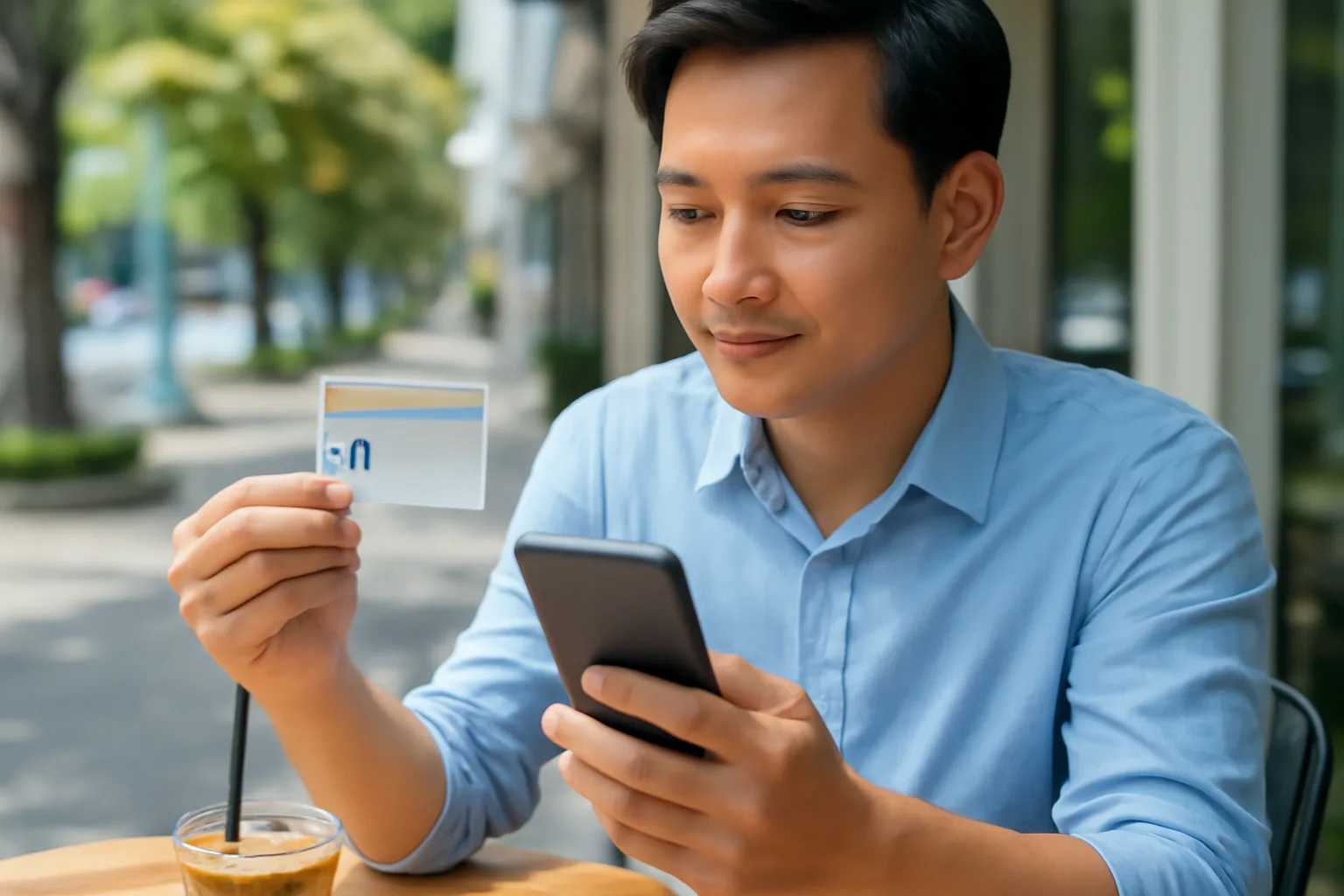 Người đi làm trẻ cầm căn cước và điện thoại ngồi ở bàn cà phê ngoài trời buổi sáng