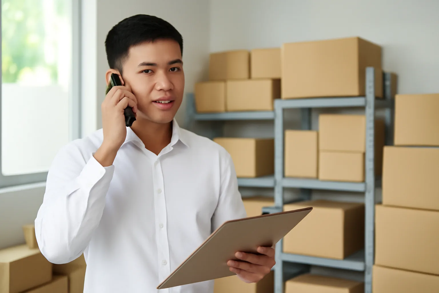 Nhân viên mua hàng gọi điện xác nhận thông tin nhà cung cấp tại bàn làm việc gần cửa sổ