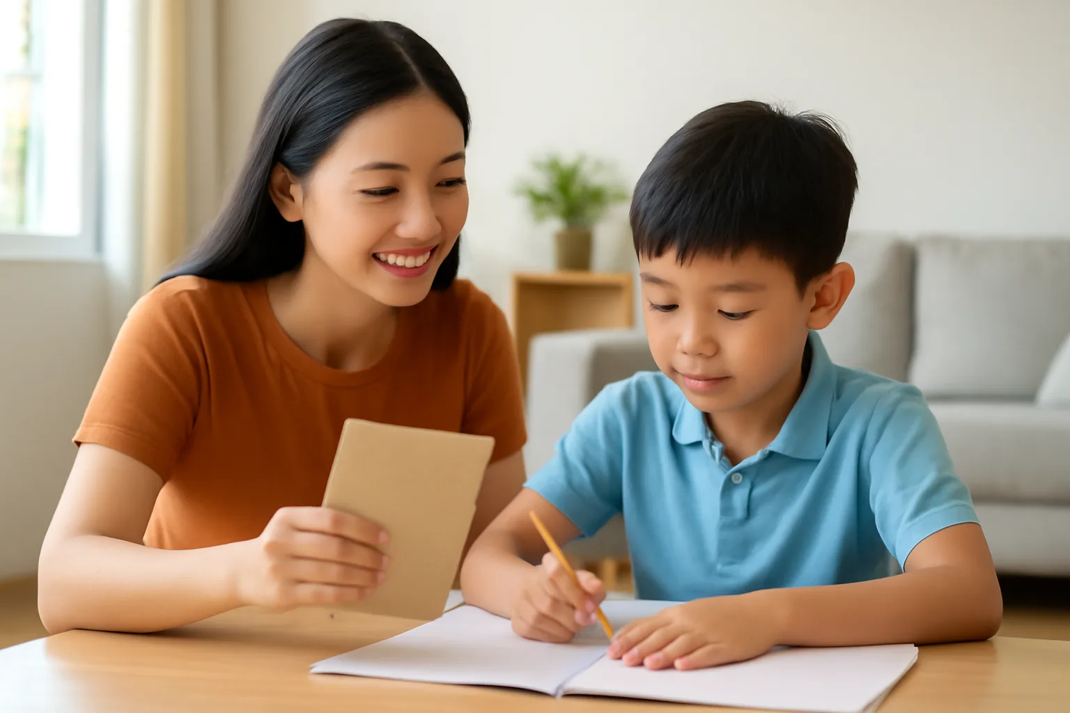 Người mẹ trẻ xem phiếu lương bên bàn học của con trong phòng khách buổi chiều