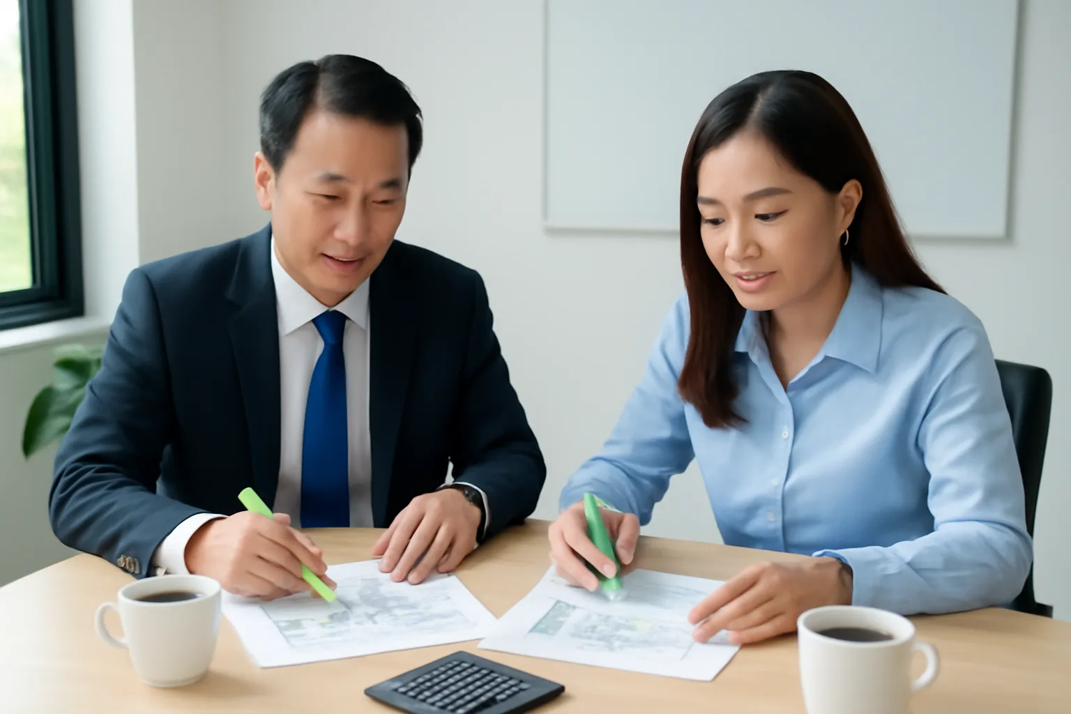 Chủ doanh nghiệp nhỏ ngồi cùng kế toán rà bảng số liệu in ra trong phòng họp nhỏ