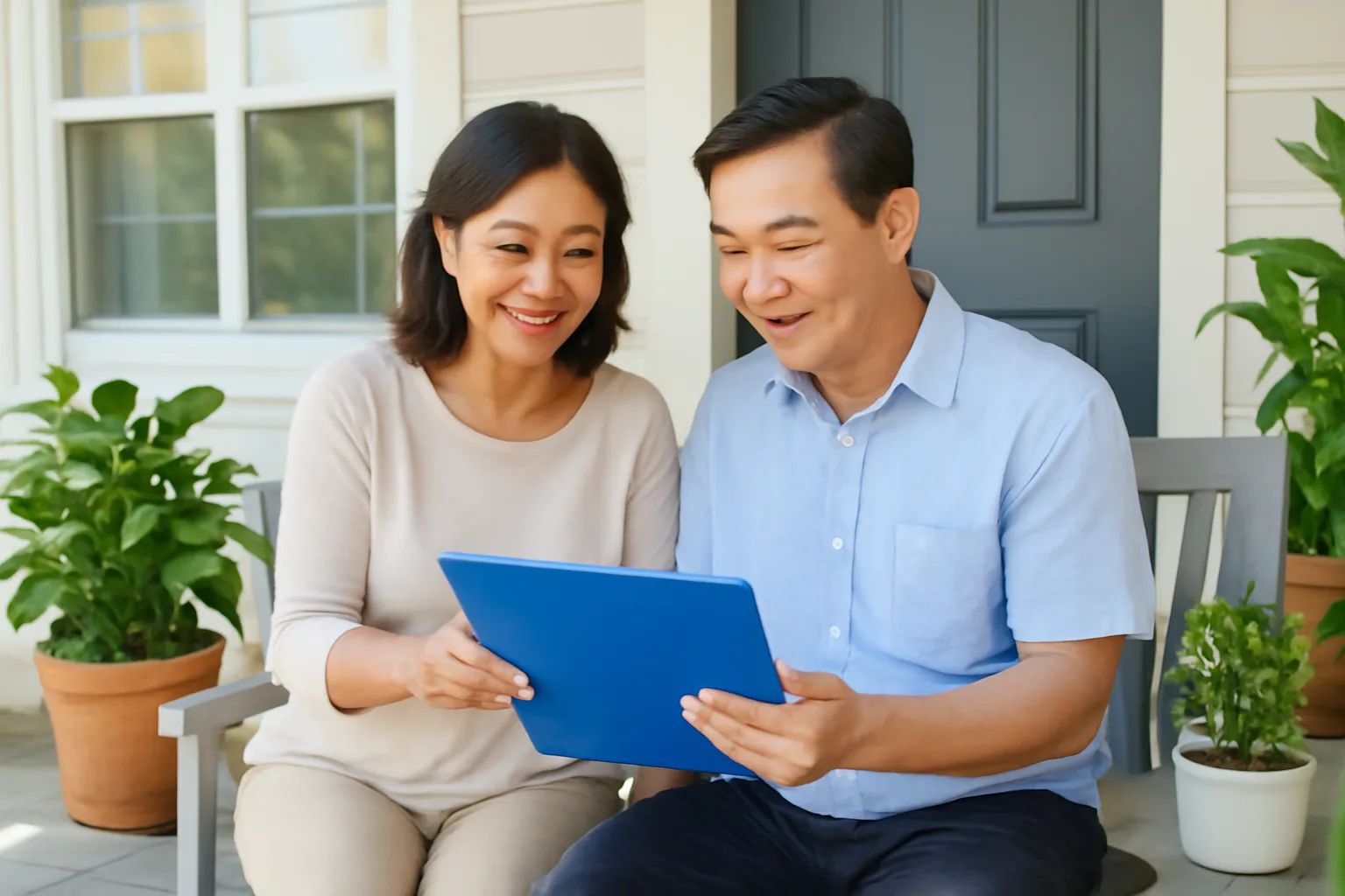 Hai vợ chồng trung niên xem giấy tờ nhà đất trên bàn gỗ trước hiên nhà