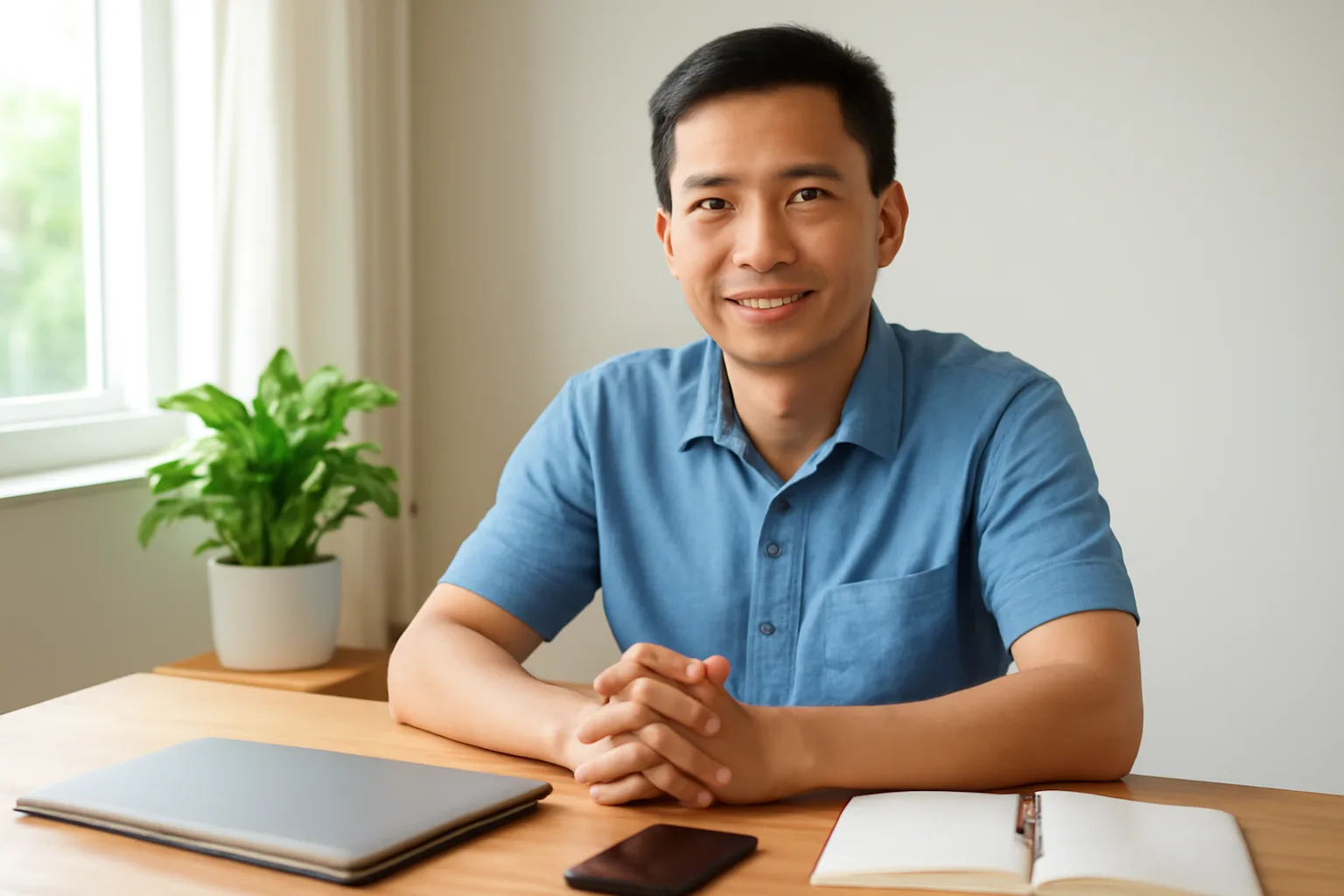 Người đàn ông ngồi ở bàn làm việc gỗ, điện thoại úp mặt cạnh máy tính xách tay đang gập