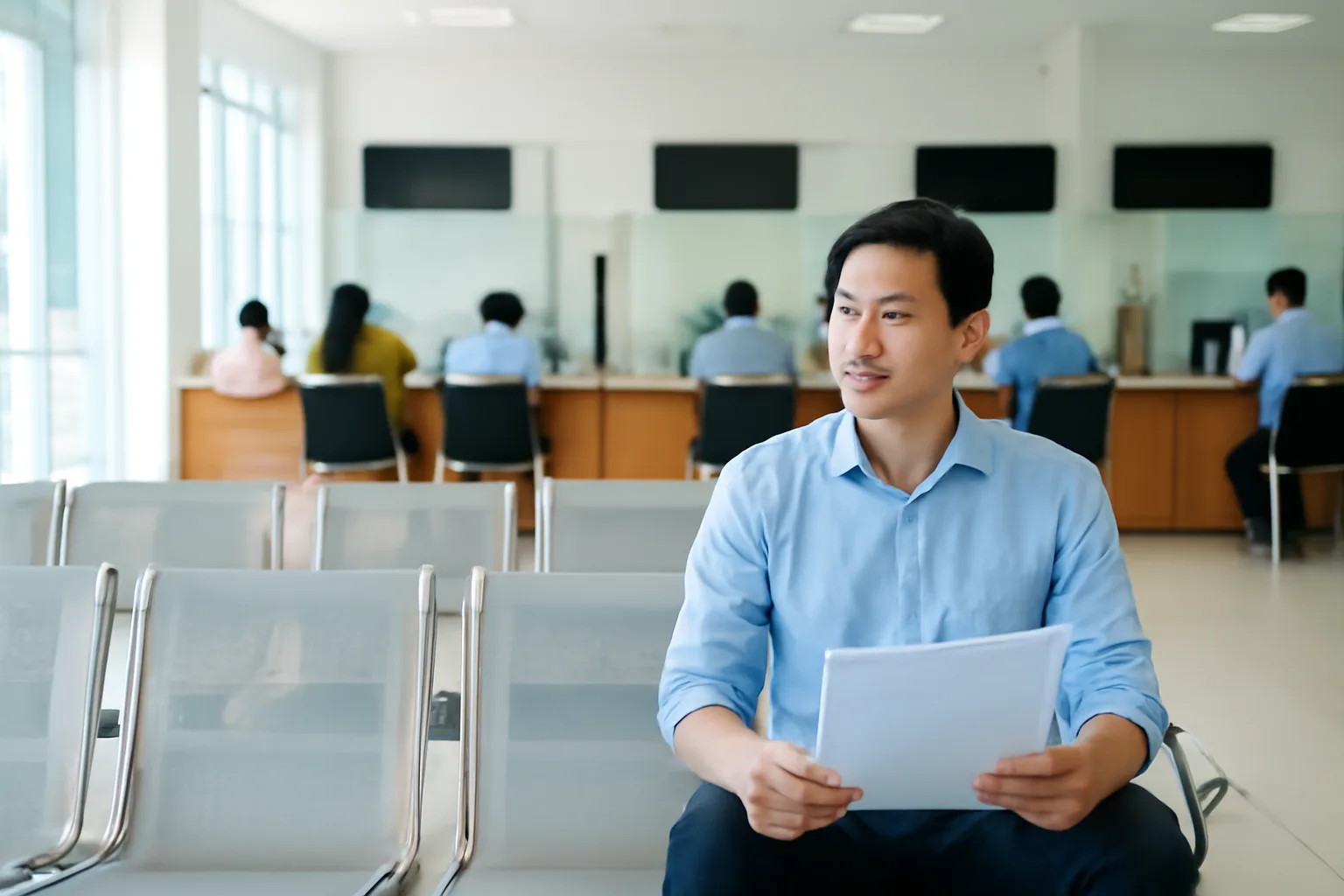 Người đàn ông cầm bìa hồ sơ ngồi chờ tại khu tiếp nhận hồ sơ của trung tâm hành chính