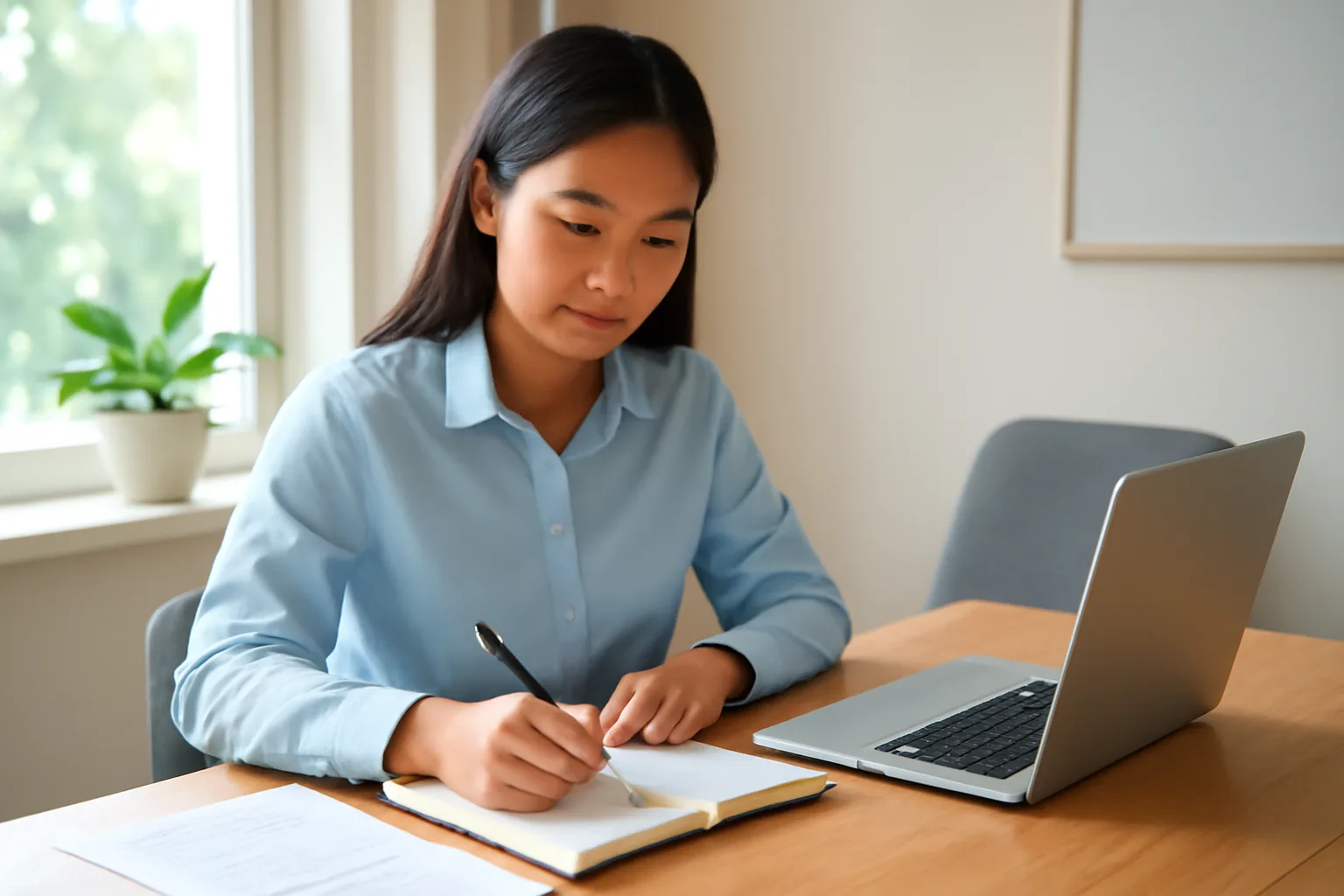 Nữ kế toán trẻ đối chiếu xấp tờ khai in ra với sổ ghi chép tại bàn làm việc gần cửa sổ