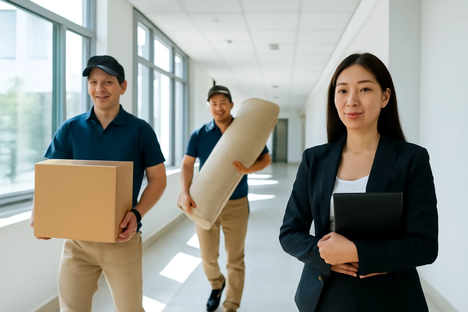Nhân viên chuyển văn phòng khiêng thùng các-tông ra hành lang, quản lý cầm máy tính bảng