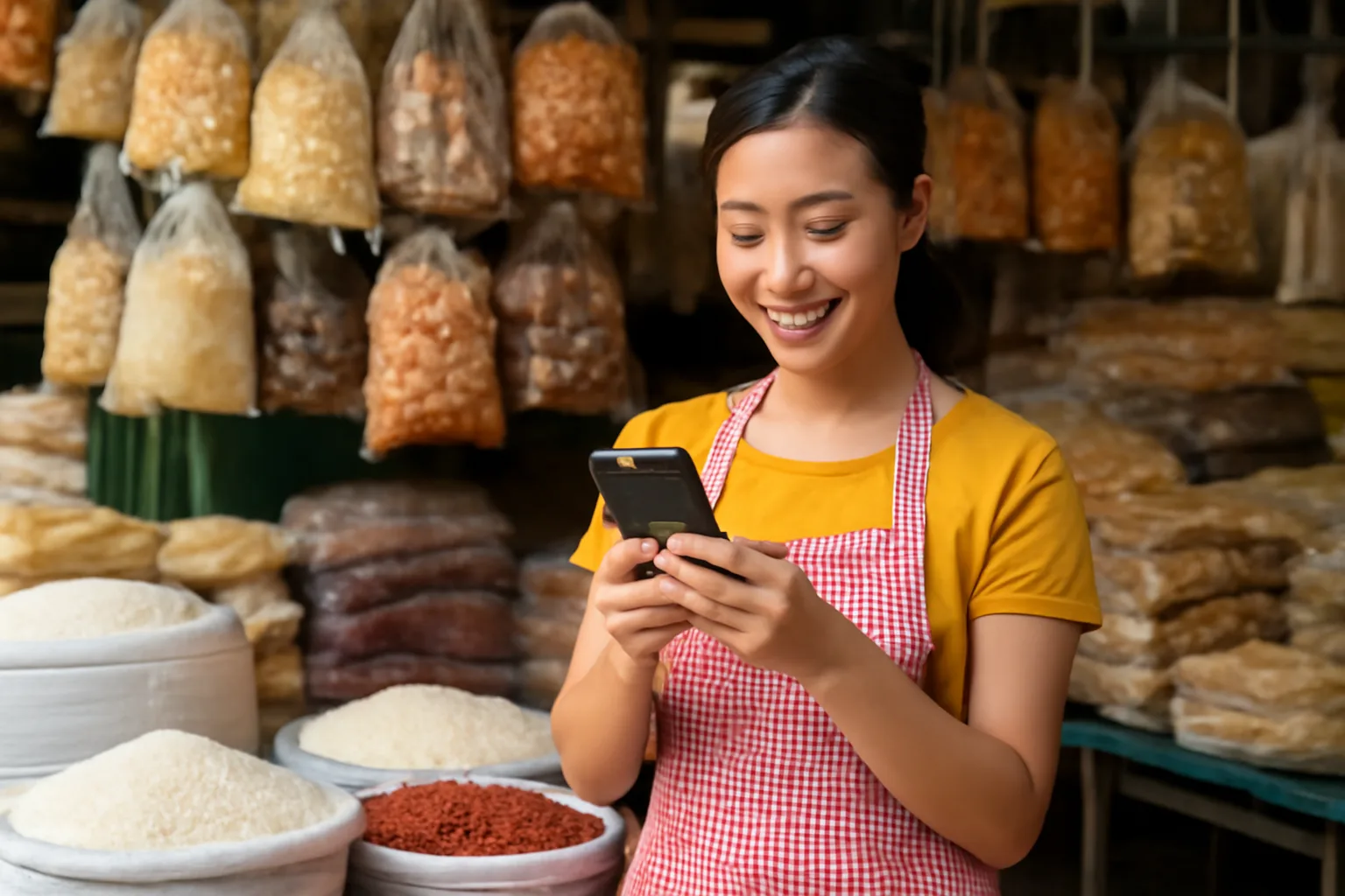 Chủ hộ kinh doanh ngồi bên quầy hàng khô cầm điện thoại, màn hình quay vào trong