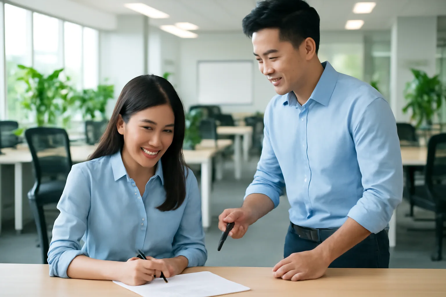 Nhân viên văn phòng ký giấy uỷ quyền tại bàn của bộ phận nhân sự